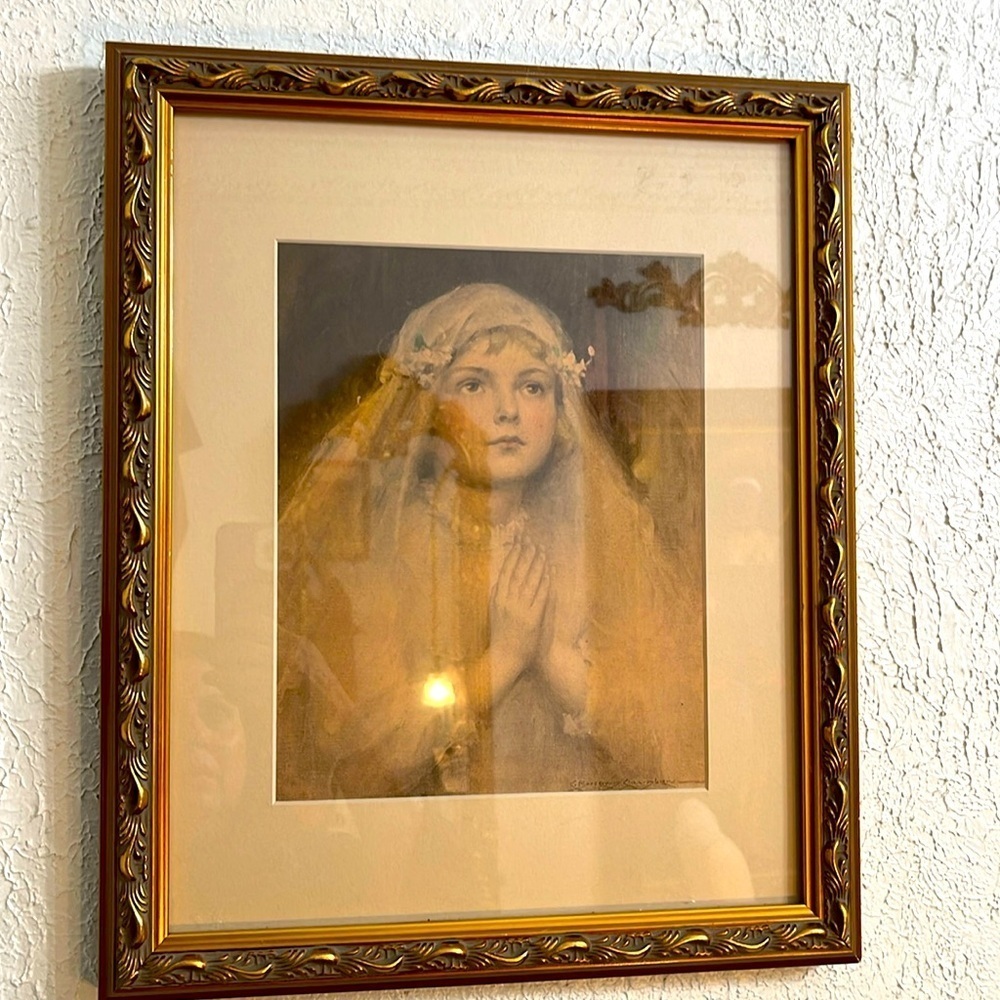 Signed and framed Vintage Art Piece of Catholic Girl Receiving Communion